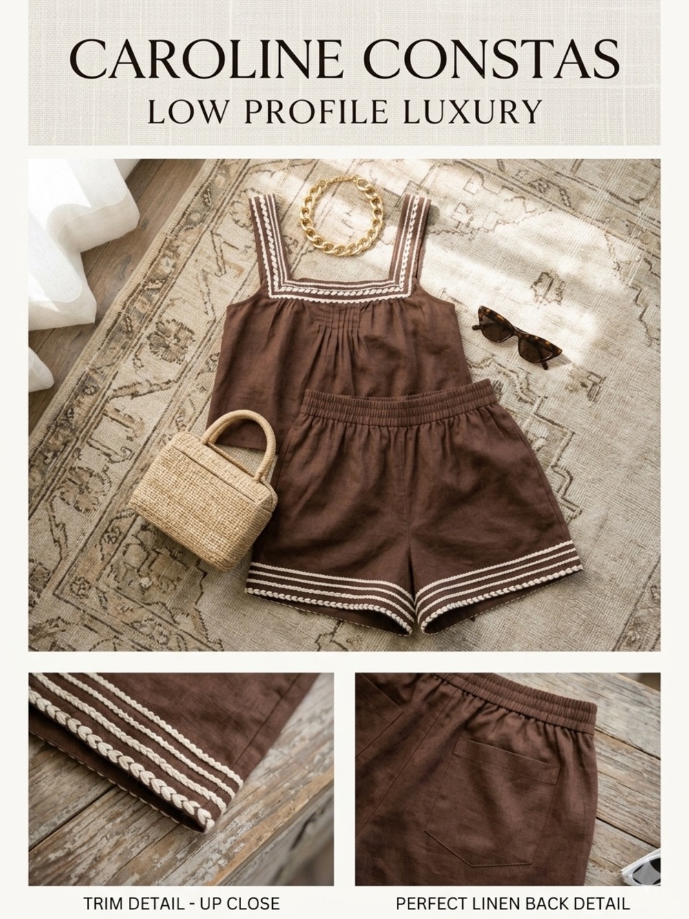 Brown Two-Piece Sleeveless Crop top + Shorts Set with White Trim - Picture 5 of 11